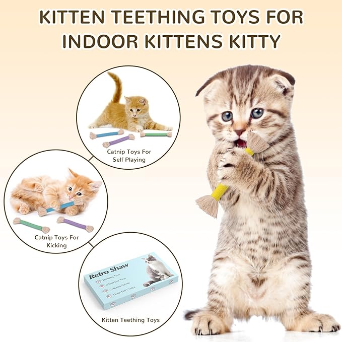 Retro Shaw Kitten Toys Catnip Ropes Cat Chew Toys, 6 Pack, Kitten Teething Toys for Indoor Cats Kitty, Safe Kitty Kicker Sticks Dental Toy-Mewly Pet