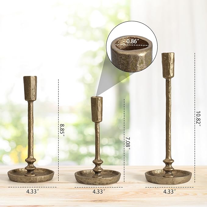 Rustic Cast Iron Taper Candle Holder - Set of 3 Vintage Candle Stands, Candlestick Holders for Wedding, Dining, Party Décor (Antique Brass)