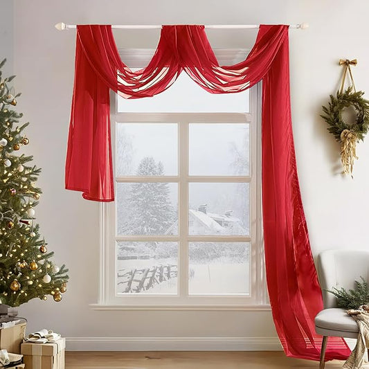 MIULEE Christmas Sheer Window Scarf Valance Extra Long Topper Elegant Swag Curtains Luxury Draping Fabric for Wedding Arch Party Ceremony Canopy Bed Living Room, 54'' x 216'', 1 Panel Red