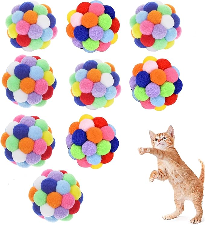 9PCS Cat Toy Balls, 1,75'' Soft Pom Pom Ball for Kittens, Colorful Soft Fuzzy Balls Built-in Bell for Cats, Interactive Playing Chewing Toys for Indoor Cats and Kittens, Cute Kitten Kitty Toys-Mewly Pet