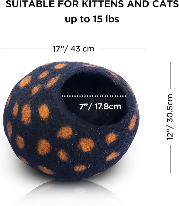 Woolygon Premium Felt Cat Cave Bed - Polka Dot Series - Wool Kitty Beds Handcrafted Kitten Caves Bed for Indoor Cats - Eco-Friendly Merino Wool, Foldable Cat Hideaway Cat Houses (Yellow/Black Dots)-Mewly Pet