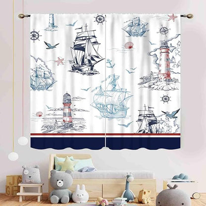 Nautical Curtains, Vintage Marine Coastal Sailboat Compass Anchor Ocean Beach Lighthouse Watercolor Blue Decorative Drapes for Bedroom Living Room Kitchen Bathroom Window 2 Panels, 42"x45" Inch