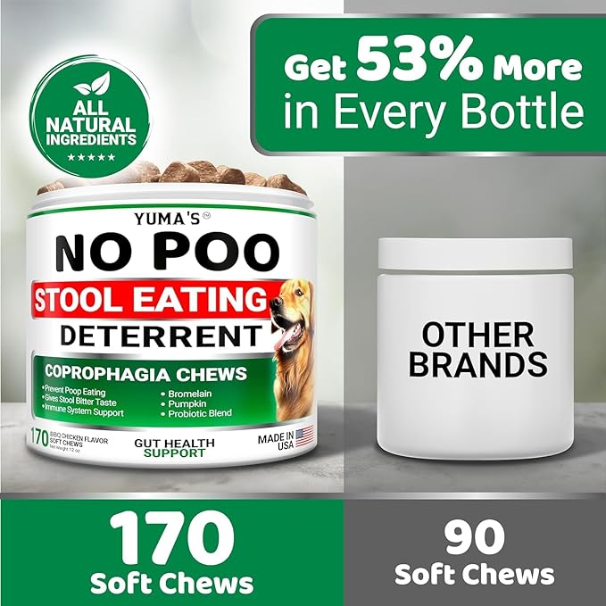 YUMA'S No Poo Chews for Dogs - 170 Count - Coprophagia No Poop Eating Deterrent for Dogs - Stop Eating Poop for Canine - Gut Health - Probiotics & Digestive Enzymes Supplement - Made in USA-Mewly Pet