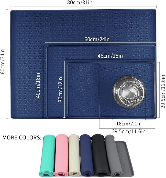 Ptlom Silicone Pet Placemat for Dog and Cat, Waterproof Non-Slip Pet Feeding Bowl Mats for Food and Water, Small Medium Large Tray Mat Prevent Residues from Spilling to Floor, Navy Blue, 18" 12"-Mewly Pet