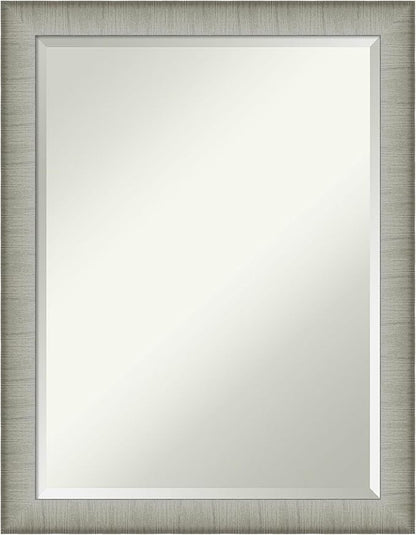 Amanti Art Silver Bathroom Mirror for Over Sink, 27x21 Elegant Brushed Pewter Narrow Rectangle Vanity Mirror, Medium Casual Frame, Hangs Horizonally and Vertically, Bathroom Wall Decor, Beveled Edge