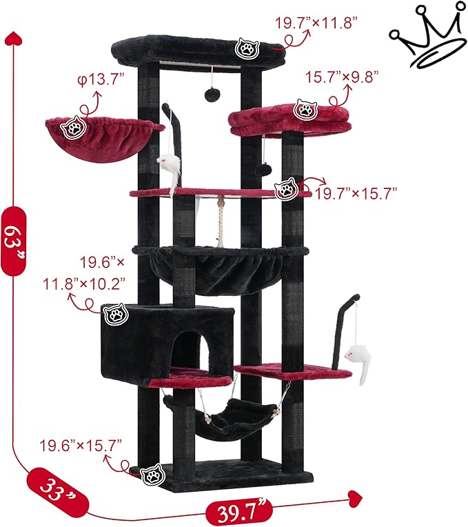 Gothic Cat Tree, Cat Tower for Large Cats with 2 Big Platforms, 2 Baskets, condo and Toys, 63" Cat Scratching Posts for Indoor Cats, Black and red GCT020BR-Mewly Pet