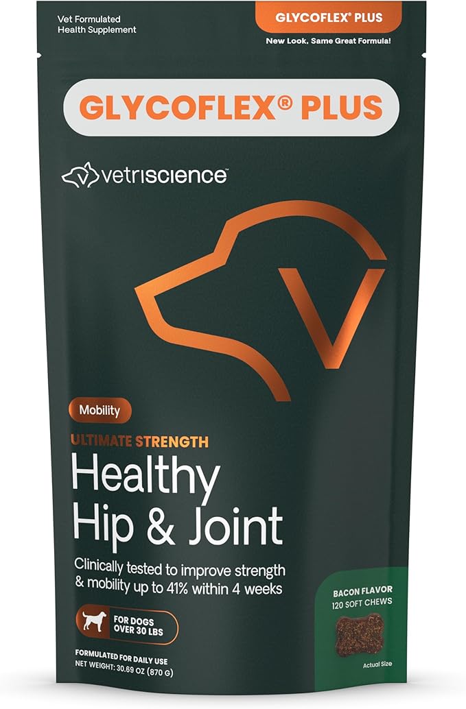 VetriScience GlycoFlex Ultimate Strength Healthy Hip & Joint Glucosamine Supplements for Dogs, with MSM, Chondroitin & Green-Lipped Mussel, Soft Chews, Bacon, 120 Count - New Look-Mewly Pet