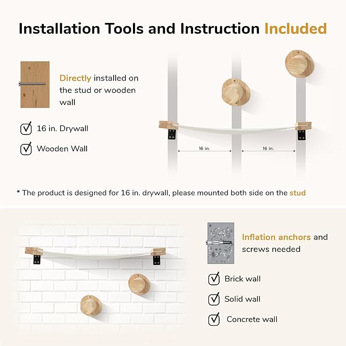 FUKUMARU Cat Wall Furniture, 2 PCS Climbing Shelves Set, Solid Rubber Wood Cat Shelf, Cats Perches for Wall Sleeping, Playing, Jumping and Lounging, 16 inch Drywall Installation-Mewly Pet