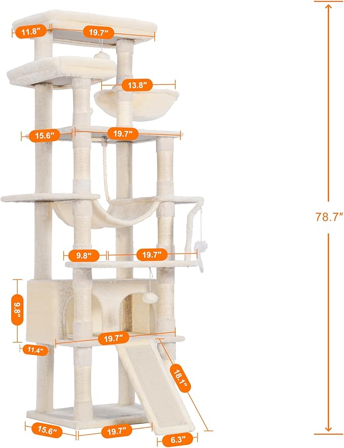 Heybly Tall Cat Tree, 78-inch Multi-Level Cat Tower for Indoor Cats, 2 Widened Plush Perches Cat Condo with Scratching Board and Big Caves, Beige HCT033M-Mewly Pet