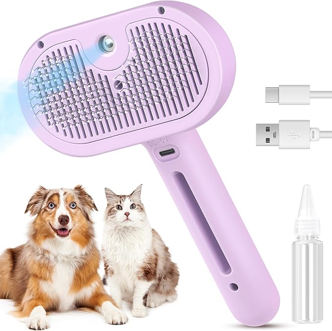 3 in 1 Cat Steam Brush, Pet Spray Hair Removal Comb for Shedding & Grooming, Water Brush for Cats Dogs Small Animals Long Short Haired with One-Click Release Button(Purple)-Mewly Pet