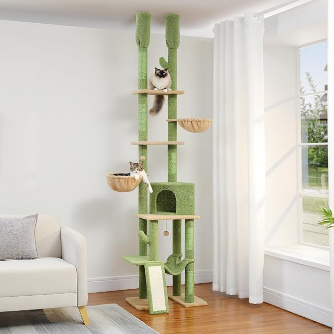 PAWZ Road Cactus Cat Tree Floor to Ceiling Cat Tower with Adjustable Height(85-112 Inches), 7 Tiers Climbing Activity Center with Cozy Hammocks, 5 Platforms and Scratching Posts for Indoor Cats-Mewly Pet