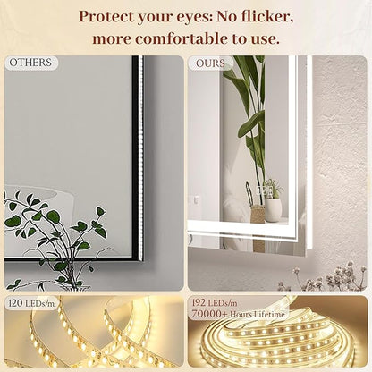 60x36 LED Mirror for Bathroom with Front and Backlit Light Up Digital Mirrors for Wall,Anti Fog,Stepless Dimmable,Tempered Silver Glass Smart Vanity Mirror for Bathroom