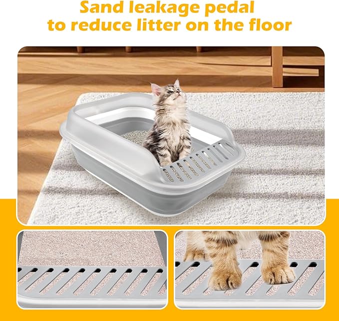 Open Cat Bedpan with Spoon,Shallow Splash Proof Travel Litter Box with Sand Drop Pedal High Side Low Entrance Cat Toilet Semi-Enclosed Adjustable for Kittens Elderly Cats Disabled Cats(Gray)-Mewly Pet