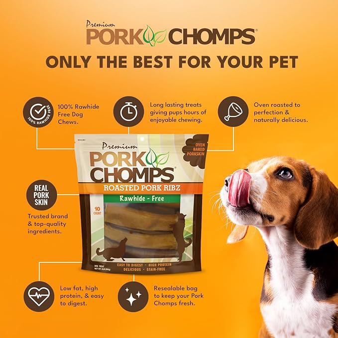 Pork Chomps Roasted Pork Skin Dog Chews, 6-inch Rib Shapes, 10 Count (Pack of 2)-Mewly Pet