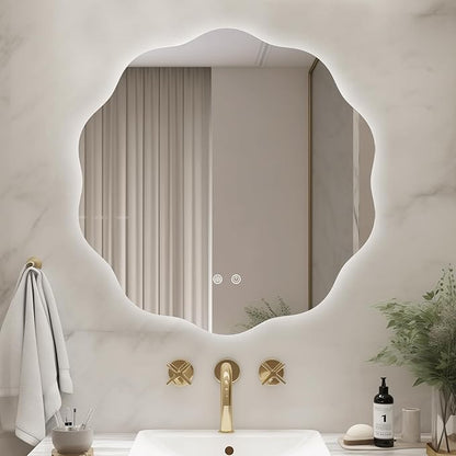 WallBeyond LED Bathroom Mirror with Lights, 24'' Wavy Round Light Up Bathroom Mirror, Anti Fog Led Mirror for Bathroom, 3 Colors and Dimmable Light