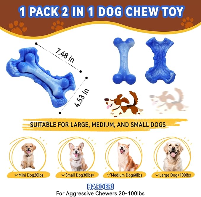 Magicorange Tough Dog Toys, Chew Toys for Aggressive Chewers, Dog Bone Toy Nylon Almost Indestructible Dogs Toy for Teeth Cleaning and Training (Blue)-Mewly Pet