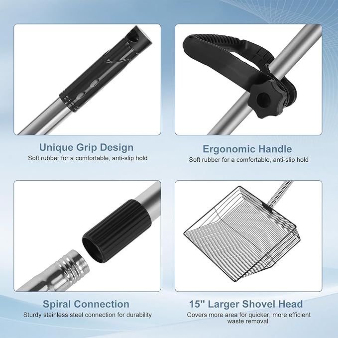 15inch Large Chicken Poop Scooper with Ergonomic Grip, 5 in 1 Adjustable Chicken Coop Pooper Shovel (24 to 76.5"), Stainless Steel Litter Sifting Shovel Scoop for Chicken Coop/Goat Stall/Stable-Mewly Pet