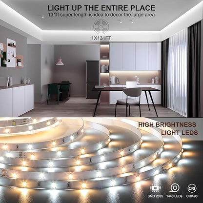 White LED Strip Lights, Dimmable Bright 24V Flexible Tape Light with Remote and App Control, UL-Listed Power Supply, 2700K-6500K White Lights for Bedroom (1 Rolls of 131ft)
