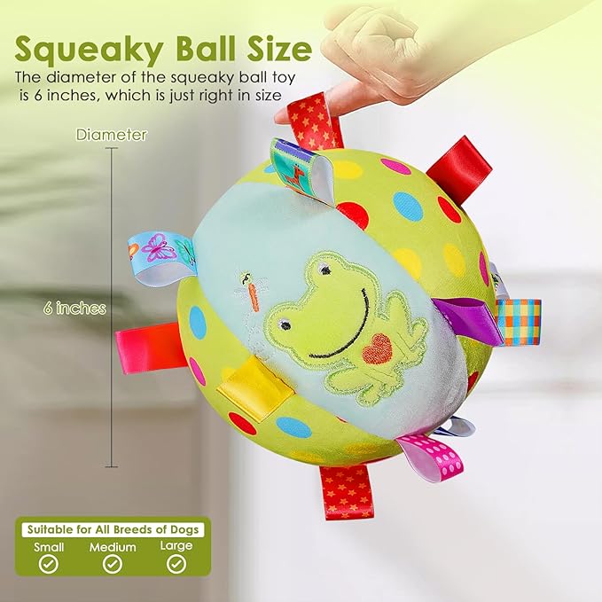 Dog Squeaky Plush Toy with Straps, 6-Inch Soft Stuffed Ball with Cotton Material and Bell Built-in, Pet Interactive Fetch Toy for Small to Large Dog-Mewly Pet