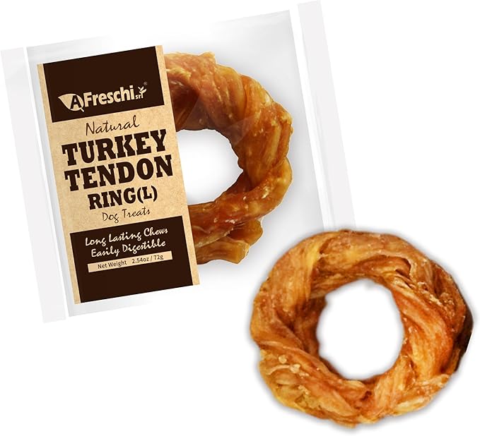 Afreschi Natural Turkey Tendon Ring (L) 1 Unit per Pack, Dog Treats for Signature Series, All Natural Human Grade Puppy Chew, USA-Sourced Turkey Tendon, Hypoallergenic, Rawhide Alternative-Mewly Pet