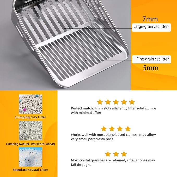 304 Stainless Steel Cat Litter Scoop, One-Piece Pressed Design with No Weld Spots, Durable Anti-Break Handle, Dual Slot Sizes, Easy to Clean, Filters Small Litter Clumps Litter Scoop-Mewly Pet