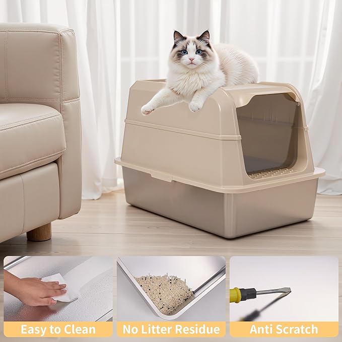 Stainless Steel Litter Box with Lid, XL Extra Large Cat Litter Box, Enclosed Metal Litter Pan with High Sided Enclosure & Scoop, Anti Leakage, Easy to Clean, Odor Control(Khaki)-Mewly Pet