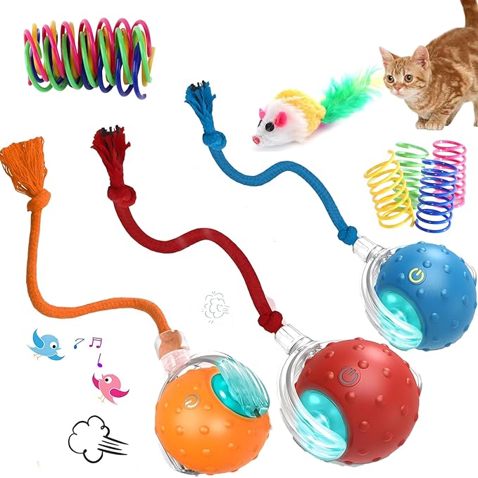 3-Pack Interactive Cat Toys Ball - 2025 New Gen with Smart Obstacle Avoidance & Auto Wake-Up,Includes 4 Speedy Tail 2.0 Ropes,Cat Spiral Spring 12Pcs, Ideal Kitten Toys for Bored Indoor Cats-Mewly Pet