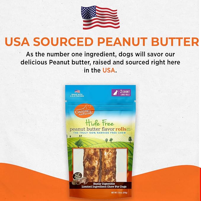 Canine Naturals Peanut Butter Chew - 100% Rawhide Free Dog Treats - Made with Real Peanut Butter - All-Natural and Easily Digestible - 2 Pack of 7 Inch Large Rolls for Dogs 50 lbs and up-Mewly Pet