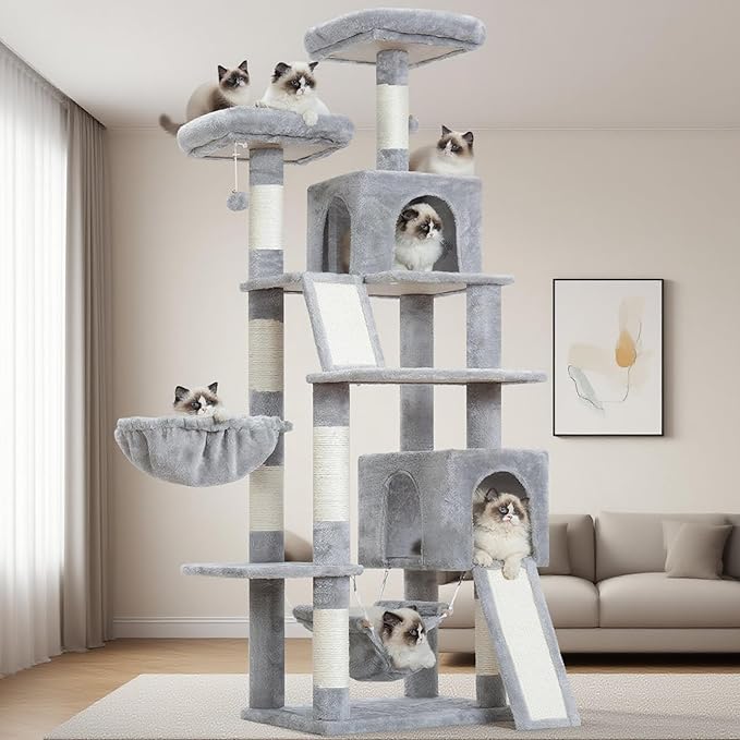Cat Tree for Indoor Cats, 71'' (180cm) Multi-Level Cat Tower for Large Adult, Sturdy Cat Tree House with 2 Scratching Boards 7 Posts, 2 Plush Perches/Condos, Hammock, Light Gray GCT032W-Mewly Pet