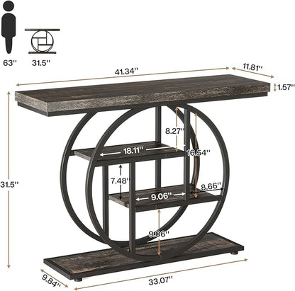 Tribesigns 41.3" Console Table, Industrial 4-Tier Sofa Table Entryway Table with Circle Base, Narrow Wood Accent Tables with Storage Shelves for Living Room, Hallway, Foyer, Charcoal Black