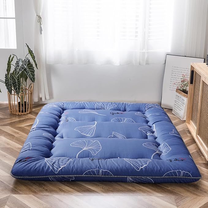 MAXYOYO Leaf Printed Japanese Futon Floor Mattress, Thicken Sleeping Pad Floor Bed Roll Up Camping Guest Mattress Folding Couch Bed, Queen Size