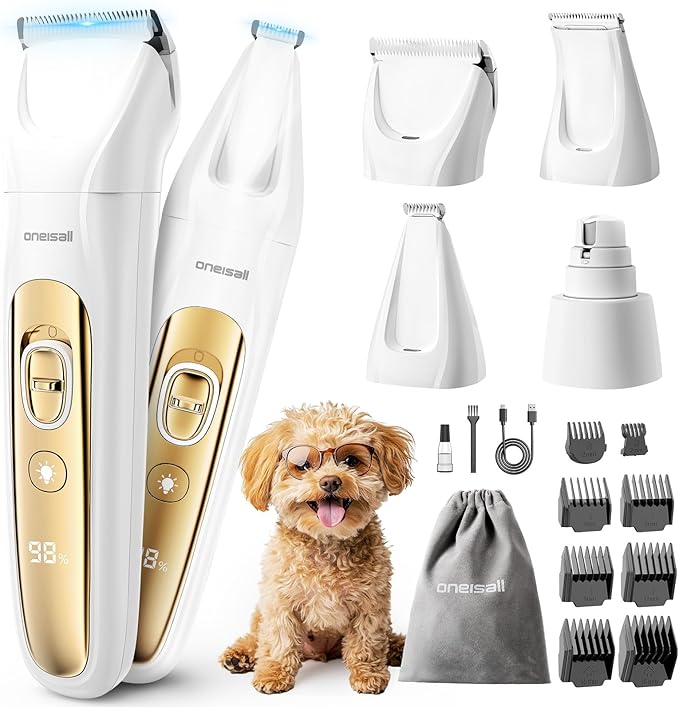 oneisall Quiet Dog Grooming Kit 4 in 1, LED Light Dog Nail Grinder, 2000mAh Pet Grooming Clippers Paw Trimmer for Paw, Nail, Face, Ears, Legs, Body with Storage Bag-Mewly Pet