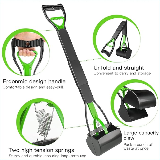 UPSKY 32'' Pooper Scooper for Large Small Dogs, Long Handle Dog Poop Scooper with Waste Bags, Portable Dog Poop Pick Up Tool, Folding Poop Scoop for Yard, Grass, Dirt, Gravel Green-Mewly Pet