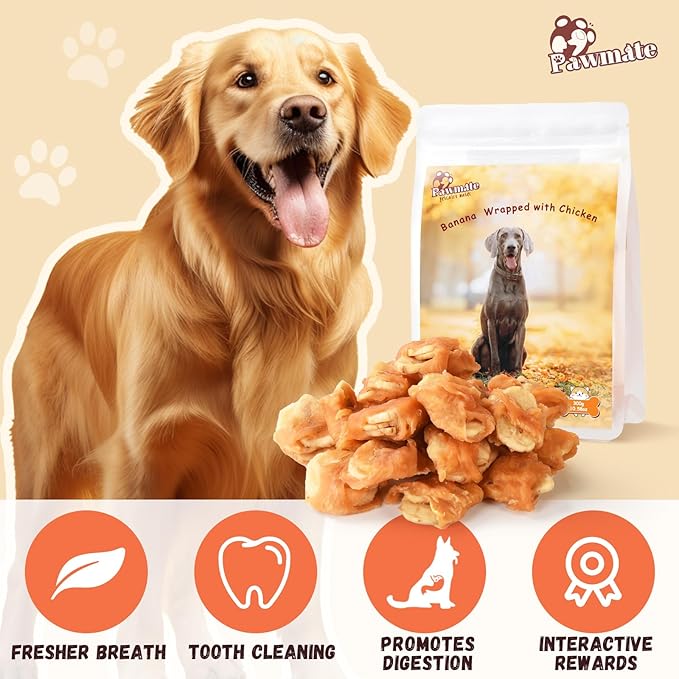 Dog Treats Chicken Wrapped Banana Slices with 1% Taurine, Healthy Training Snacks Rich in Natural Fiber, Rawhide-Free Grain-Free Soft Chews for Small Medium Dogs, 10.6oz-Mewly Pet