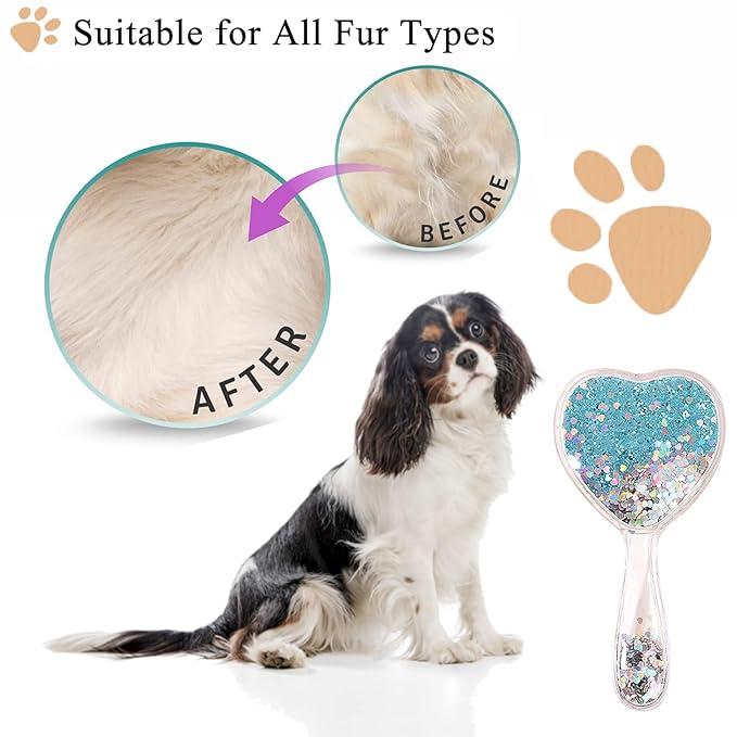 Small Dog Brush, Soft Brush for Shih Tzus, Yorkies, Maltipoos, Maltese, Love Shape Puppy Massaging Hair Comb for Small Dogs Cats Rabbits of All Hair Types (Glitter Blue)-Mewly Pet