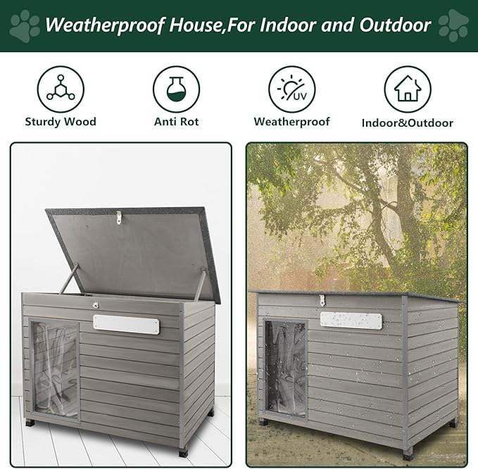 43.3" L Dog House Outdoor for Large Breeds Dogs Anti Chewing Iron Frames Dog Kennel Wooden Pet Houses for Indoor Outdoor with Weatherproof Roof,6 Elevated Feet, Reinforced Bottom Support-Mewly Pet