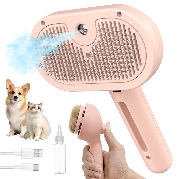 3-in-1 Self-Cleaning Steam Brush - Anti-Static, for Grooming Long & Short Pet Hair, Reduces Shedding, Pink-Mewly Pet