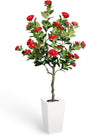 Artificial Camellia Tree 5FT, Red Flower Tree in White Pot, Faux Outdoor Indoor Plant, Potted Artificial Flower for Home Office Housewarming Porch Decor (61'' Height)