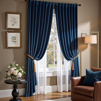 Lazzzy Velvet Blackout Curtains Thermal Insulated Room Window Drapes Super Soft Luxury Curtains for Living Room Bedroom Rod Pocket 2 Panels, Dark Blue, 52" W x 108" L