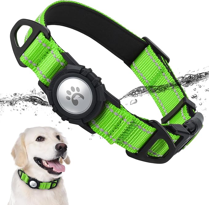 TagME Airtag Dog Collar,Waterproof Reflective Pet Collar with Airtag Holder,Soft Padded and Double D-Rings for Extra Large Dogs,Green-Mewly Pet