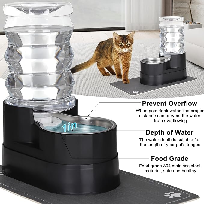RIZZARI Automatic Cat Water Dispenser: Black 7L Elevated Fountain - Stainless Steel Gravity Feeder - Splash Guard Mat-Mewly Pet