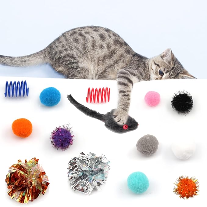 60 Pack Cat Toys - Assorted Kitten, Mouse, Crinkle & Pom Pom Balls-Mewly Pet