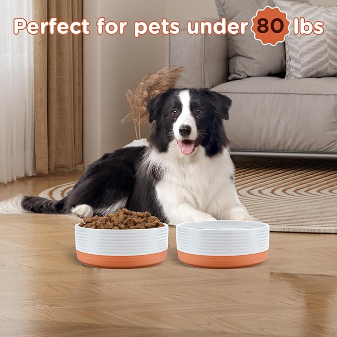 SPUNKYJUNKY Ceramic Dog Bowls 2 Pack, 7.3'' Dog Food Water Double Feeding Bowls Non-Slip for Medium to Large Sized Breed Microwave Dishwasher Safe - 42 OZ, 2pcs, Pattern White-Mewly Pet