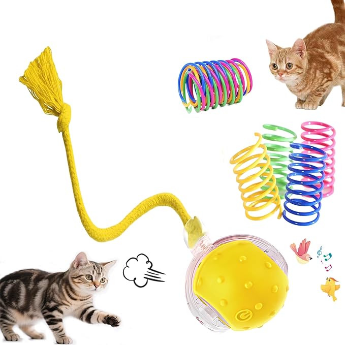 Interactive Cat Toys Ball - 2025 New Gen with 360° Auto-Rotation Smart Obstacle Avoidance,Includes 4 Cat Spiral Spring,Ideal Kitten Toys for Bored Indoor Cats (Yellow, Cat Toy Ball)-Mewly Pet