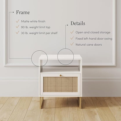 Nathan James Mina Side, End or Accent Table in a Matte White Finish & Brass Gold Legs with Natural Rattan Storage Door for Living Room or Nightstand for Bedroom, White/Gold, Set of 2