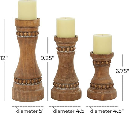 Deco 79 Wood Beaded Pillar Candle Holder, Set of 3 12", 9", 7"H, Brown