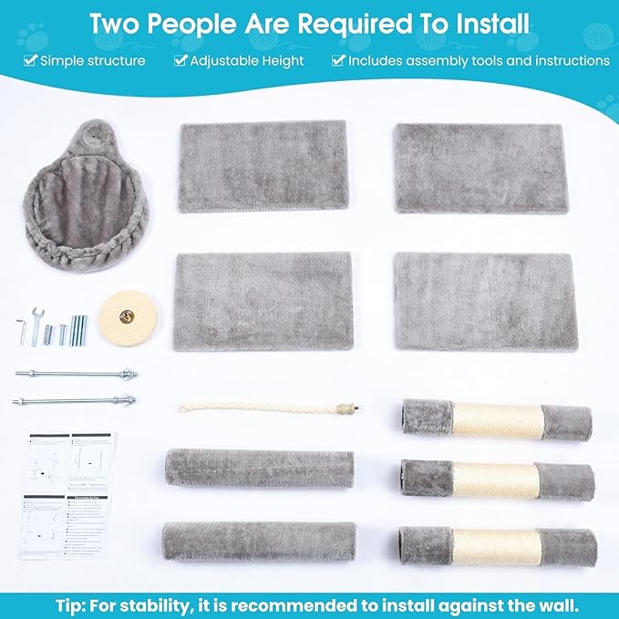 Cat Tree 5-Tier Floor to Ceiling, 89-109 Inch Adjustable Height Cat Tower with Cozy Hammock, Cat Climbing Tree for Indoor Cats, Gery-Mewly Pet