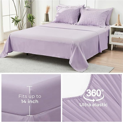 HYMOKEGE Lavender King Size Comforter Set Seersucker 7 Pieces, All Season Luxury Bed in a Bag for Bedroom, Bedding Set with Comforters, Sheets, Pillowcases & Shams