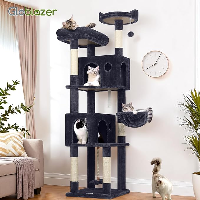Globlazer Cat Tree, 70 inch Tall Scratching Tower Multi-Level Cat Condo for Indoor Multiple Cats with 2 Large Cat Caves, Top Perch, Large Platform, Bottom Swing, F70B, Dark Grey-Mewly Pet