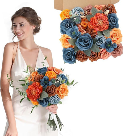 AmyHomie Teal Orange Artificial Flowers Combo Silk Mix Peony Rose Fake Flowers w/Stem for DIY Wedding Bouquets Centerpieces Arrangements Table Fall Decor Party Bridal Baby Shower Home Decorations